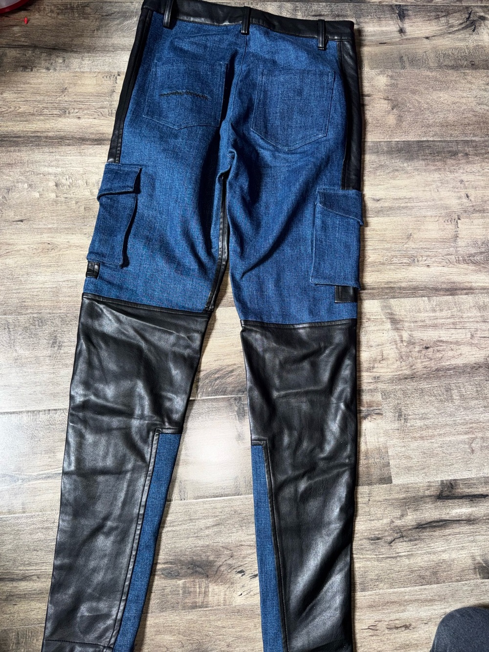 Maniere De Voir Denim Leather Biker Cargo Pants Sz 2 UK 6 Moto Patchwork - Picture 3 of 14